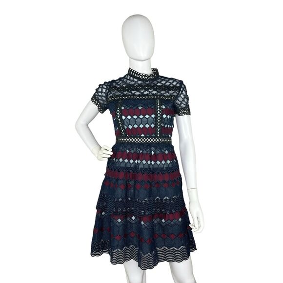 Renvy Dresses & Skirts - Renvy Size S Open Lace Fit and Flare Mini Dress Short Sleeve Red Navy High Neck